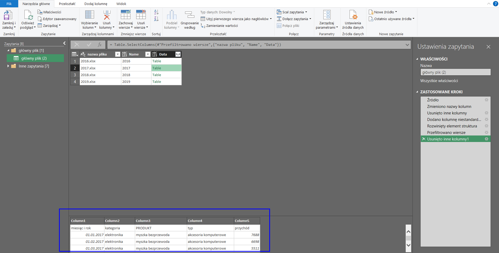Power Query And Excel łączenie Plików Excela Z Folderu Według Kolejności Kolumn 7100